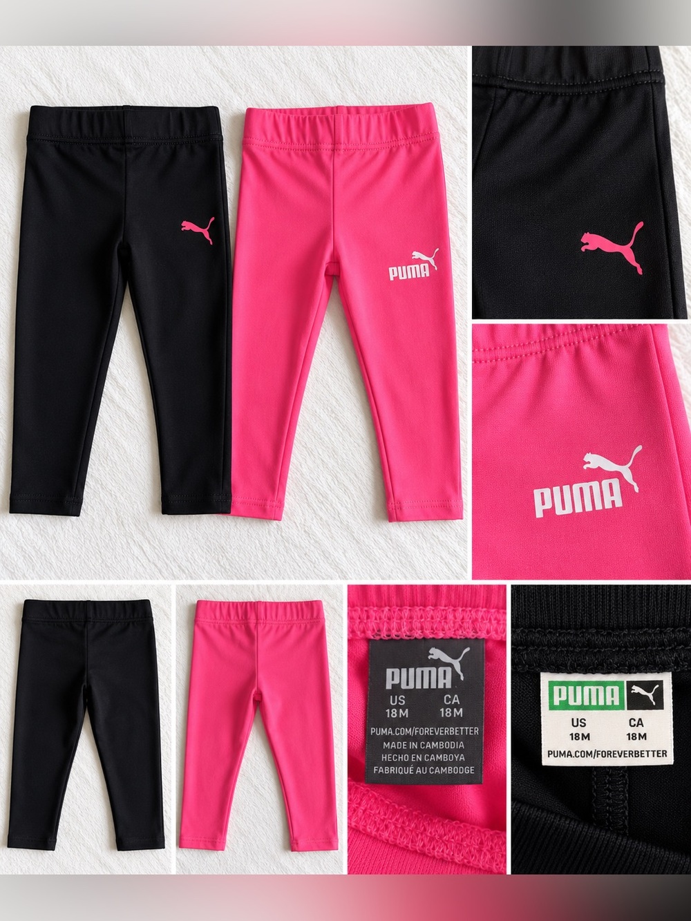 Puma Baby Girls Leggings 2-Pack Pink & Black Athletic Pants 18M